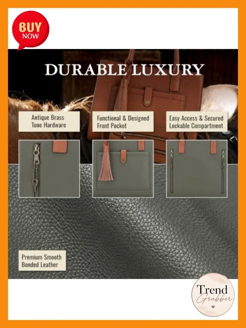 Bonded Leather Tote with Hidden Pocket Laptop Work Bag Shoulder Bag